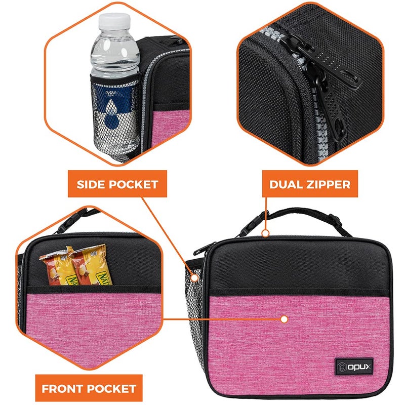 opux Insulated Lunch Bag Kids, Lunch Box for School Boy Girl, Leakproof Small Reusable Compact Soft Mini Cooler Bag, Toddler Small Lunch Boxes Kit Pail with Front Side Pockets (Pink) - Image 4